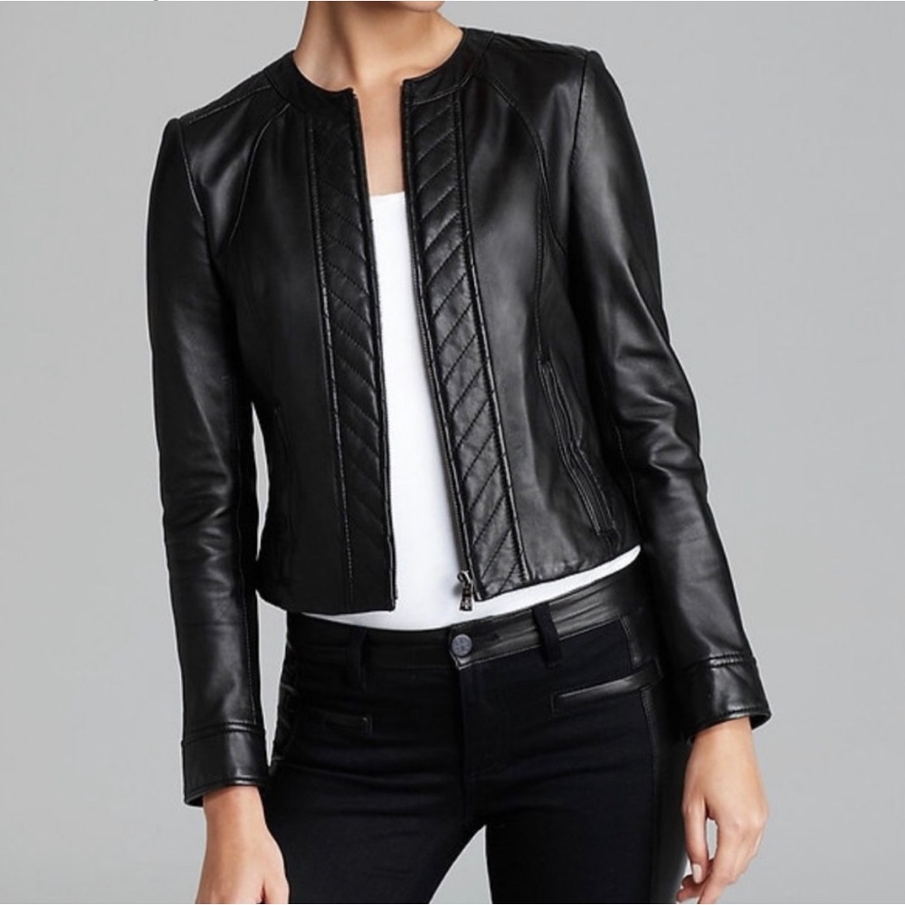 Tory Burch Black Quilted-Trim Leather Jacket